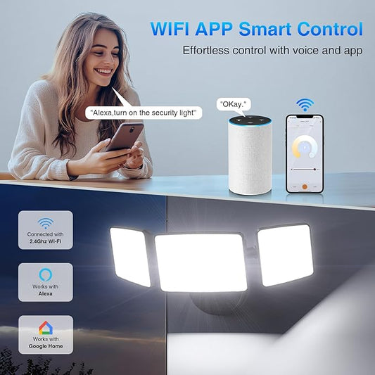 Onforu 100W Smart Flood Lights Outdoor, 3 Adjustable Heads, 9000LM Dimmable Hardwired Security Light, WiFi Alexa Control Floodlight, 2700K-6500K Tunable