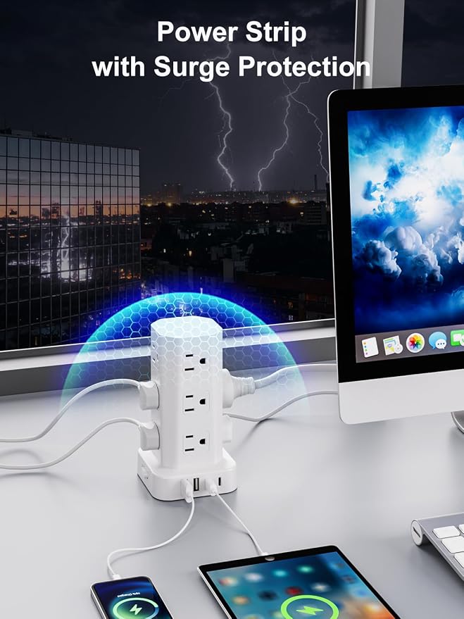 Power Strip Tower Surge Protector, 10FT Flat Plug Extension Cord with Multiple Outlets, 12 AC Outlets 4 USB (2 USB C), Desktop Charging Station with Surge Protection for Home Office Dorm Room, White