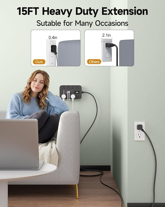 15FT Extension Cord- Power Strip Surge Protector with 8 AC Outlet & 6 USB Charging Block(3 USBC, Ultra Thin Flat Extension Cord 15 feet,1080 J Surge Protection for Home,Office, Desk Essentials.