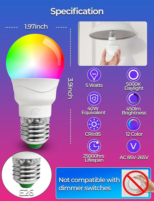 ILC RGB LED Light Bulb, Color Changing 40W Equivalent, 5700K Daylight White, 450LM 5W E26 Screw Base RGBW, Mood Light Bulb - 12 Color Choices - Timing Infrared Remote Control Included (8 Pack)