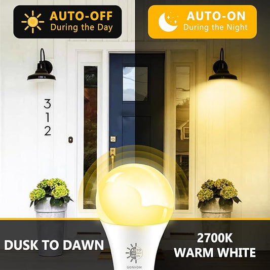 Gonhom 2 Pack Dusk to Dawn Light Bulbs Outdoor, 2700K Warm White, 720LM, 9W(60W Equivalent) A19 E26 Automatic On/Off LED Sensor Light Bulbs, Dusk to Dawn Outdoor Lighting for Porch Garage Patio