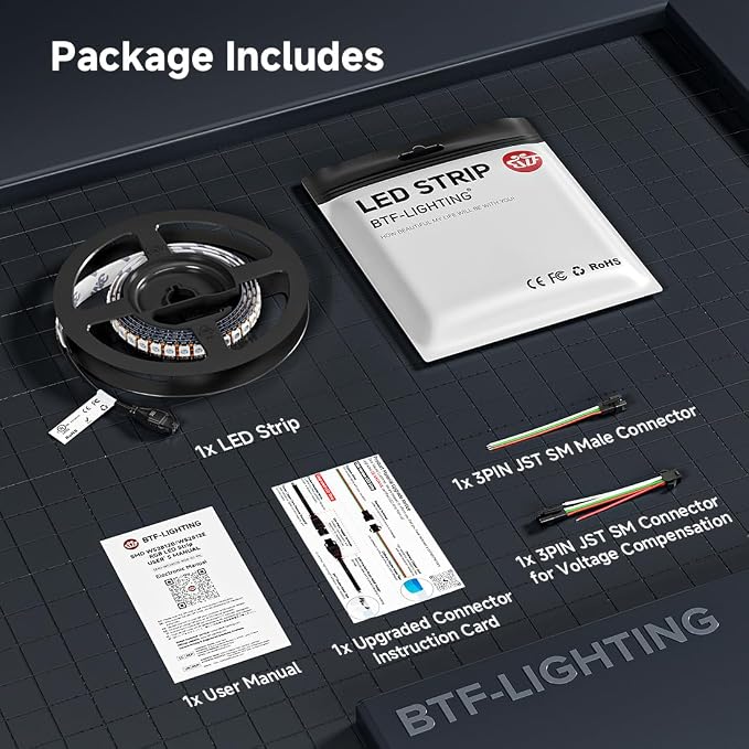 BTF-LIGHTING WS2812B IC RGB LED Strip,UL Listed,Pure Gold Wires,DC5V 3.28FT 144LED 5050SMD,Individually Addressable,Flexible for DIY Chasing Full Color Project,3M Tape,IP65(No Adapter or Controller)