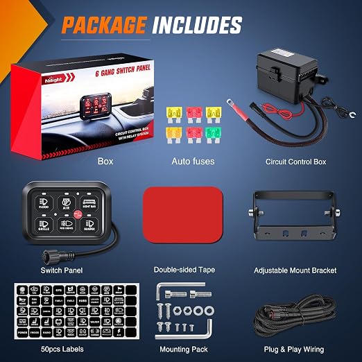 Nilight 6 Gang Switch Panel Relay System Automatic Dimmable | Universal Circuit Control with Fuse Wiring Harness ON-Off Red Backlit LED Pod for Cars Trucks Boats ATV UTV SUV