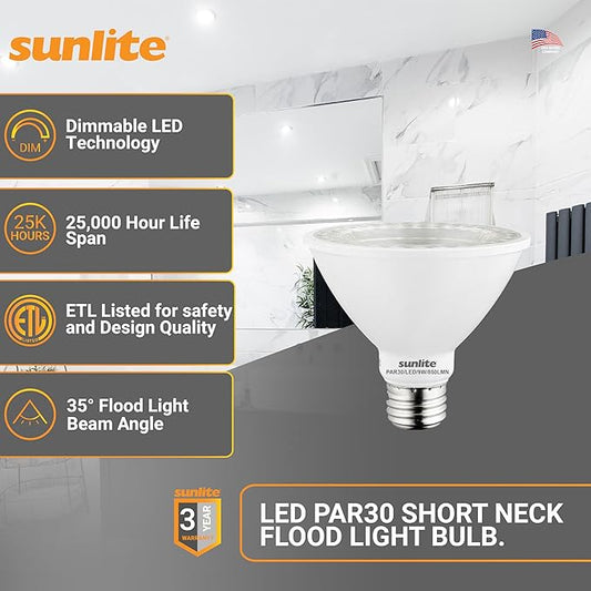 Sunlite LED PAR30 Short Neck Flood Light Bulb, 9 Watt, (75W Equivalent), 850 Lumens, Medium Screw (E26) Base, Dimmable, ETL Listed, 5000K Daylight, 6 Count