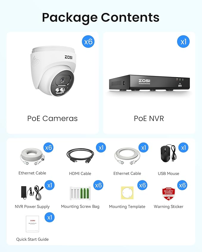 ZOSI C220 4K 8MP 8CH POE NVR Security Camera System (16CH Expandable), 6 x 8MP PoE IP Dome Cameras Outdoor Indoor, AI Human/Vehicle/Face Detection, One-Way Audio, 100ft IR Night Vision, 2TB HDD