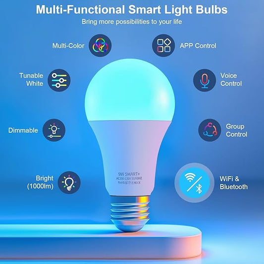 FRIDEKO HOME LED Smart Light Bulbs - Wi-Fi & Bluetooth Light Bulbs, Color Changing Light Bulb Compatible with Alexa and Google Assistant, A19 E26 RGBTW Light Bulb, 800LM (4 Pack)