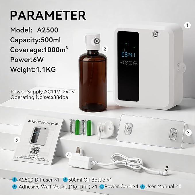 Hotel Scent Diffuser for Large Room, 500ml Smart Waterless Oil Diffuser, Whole House Air Fragrance Machine with LED Display, White