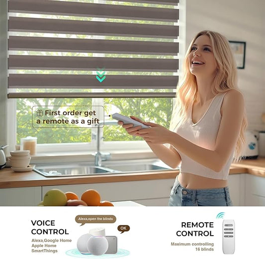 HeyBlinds Motorized Zebra Blinds with Remote, Smart Cordless Electric Zebra Shades for Indoor Windows Compatible with Alexa Google & Homekit, Custom Size (Simple-Coffee LF)