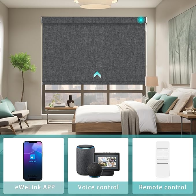 Changshade Smart Roller Shade with Remote Control Blackout Automatic Window Shades for Home Custom Size Motorized Blinds for Windows Compatible with Alexa,Google Home,Apple Homekit, Charcoal Grey