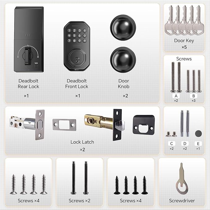 Ulecoce Keyless Entry Door Lock Set WiFi Smart App Control Door Lock for Front Door Keypad Deadbolt with 2 Knobs Auto Lock One Time Codes Easy Install, Black