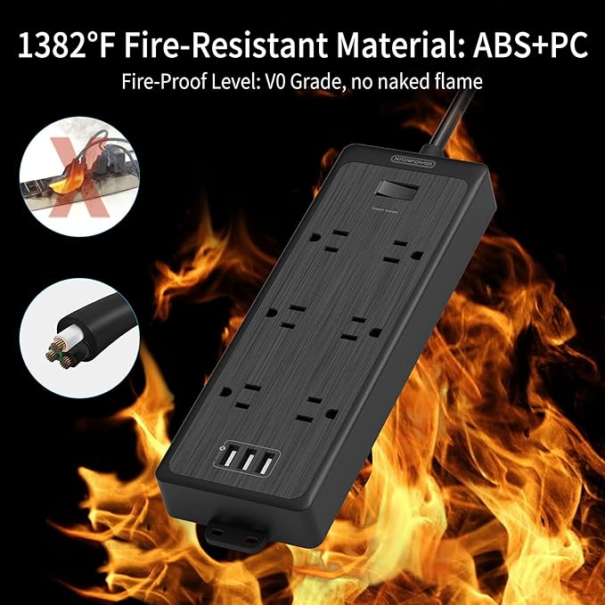 NTONPOWER Flat Plug Power Strip with 3 USB Ports, 6 Extra Widely Spaced Outlets, 1700 Joules Surge Protector, 15A Circuit Breaker, 5 FT Extension Cord, Black