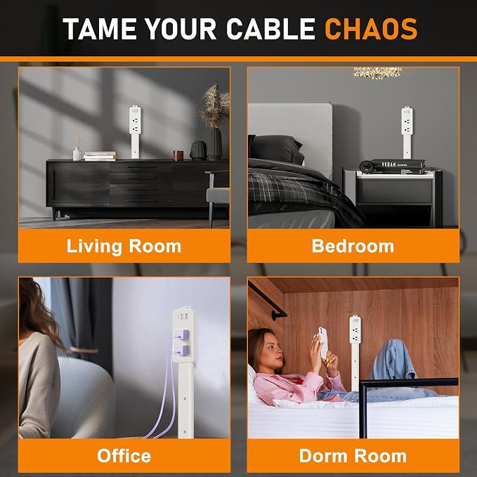 Outlet Extender Stick - Features 2 USB-A, USB-C and 2 AC Outlets, Adjustable Disassembly Extends 6"-35", 360° Access Hard-to-Reach Outlets, Wall Plug Power Socket Expander Nightstands, Sofa, Desks