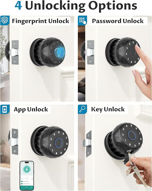 Smart Door Knob with Keyless Entry, Fingerprint Door Lock with Keypad & App Control, Auto Lock, Easy Install, Electronic Door Lock for Bedroom, Apartment, Office