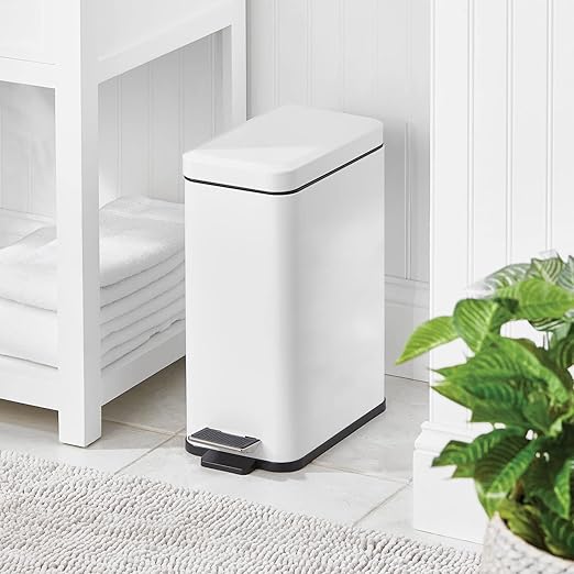 mDesign Pedal Bin โ Waste Bin with Pedal, Lid and Plastic Bucket Insert for Bathroom, Kitchen, and Office โ Metal Household Rubbish Bin with Ergonomic Design โ White