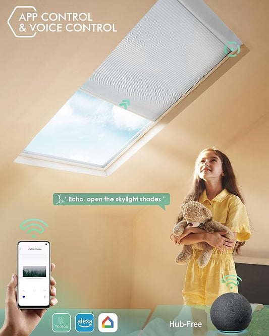 Yoolax Motorized Skylight Shades, Smart Cellular Shades Compatible with Alexa Google, Electric Cordless Honeycomb Blinds with Remote for Roof Inclined Plane Room (Light Filtering White)