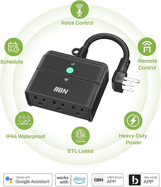 HBN Outdoor Smart Plug,Wi-Fi & Bluetooth Heavy Duty Outlet with 3 Independent Outlets,Compatible with Alexa and Google Assistant,IP44 Waterproof,Voice & APP Control Outlet,No Hub Required,ETL Listed