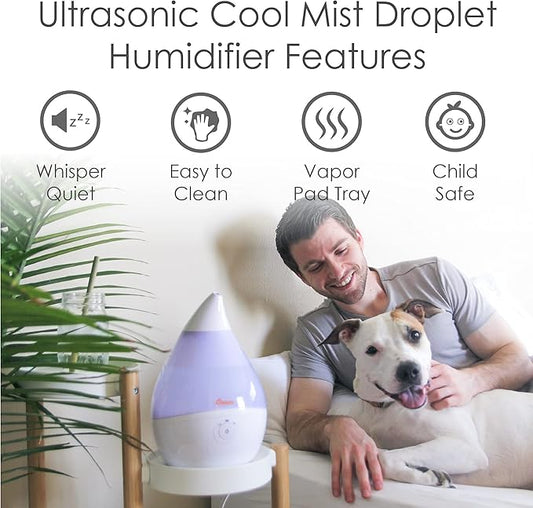 Crane Droplet Ultrasonic Small Air Humidifiers for Bedroom and Office, 0.5 Gallon Cool Mist Humidifier for Plants and Home, Humidifier Filters Optional, White