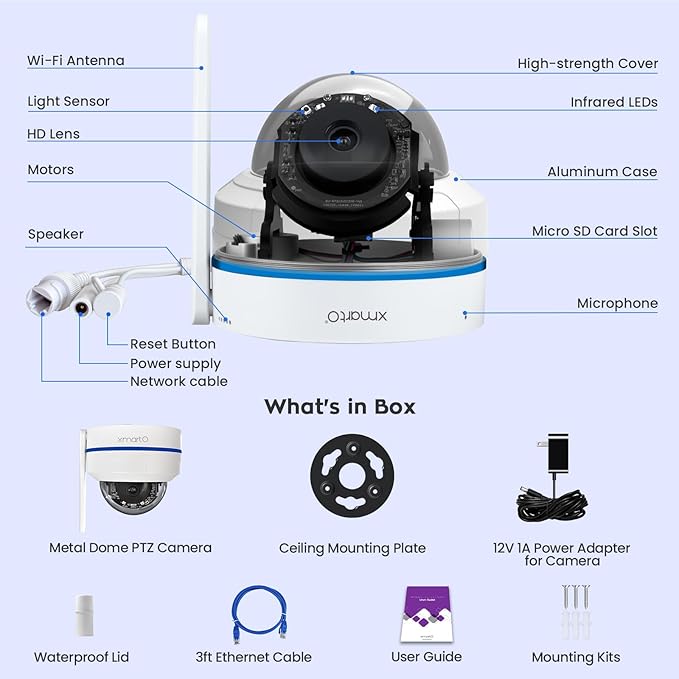 xmartO AI Tracking 2K HD Metal Dome PTZ Security Camera, WiFi 6 Dual Band Wireless, DPK3034 Ceiling Cam, 2-Way Audio, Night Vision, NVR Add-on/Standalone Use