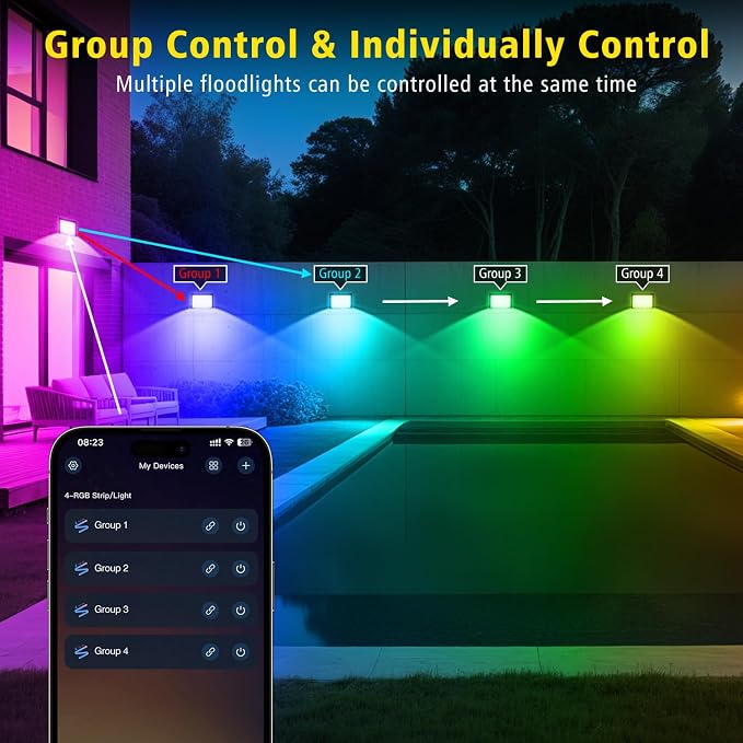 T-SUN RGB Led Flood Light 60W, 600W Equivalent Outdoor Landscape Light | Color Changing Bluetooth RGBCW Smart Floodlights Waterproof with 2700K & 16 Million Colors, Timing, Music Sync, 4Pack