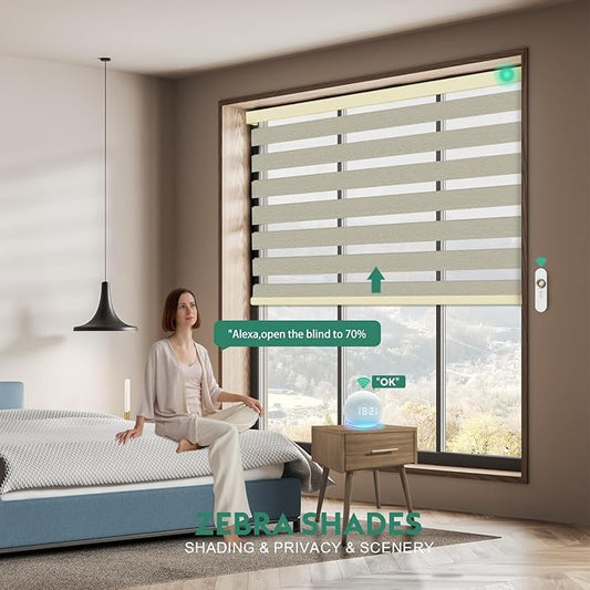 Motorized Zebra Blinds with Remote, Work with HomeKit Alexa Automatic Electric Window Shades 95% Blackout Light Filtering for Smart Home and Office, Customized Size Modern Golde