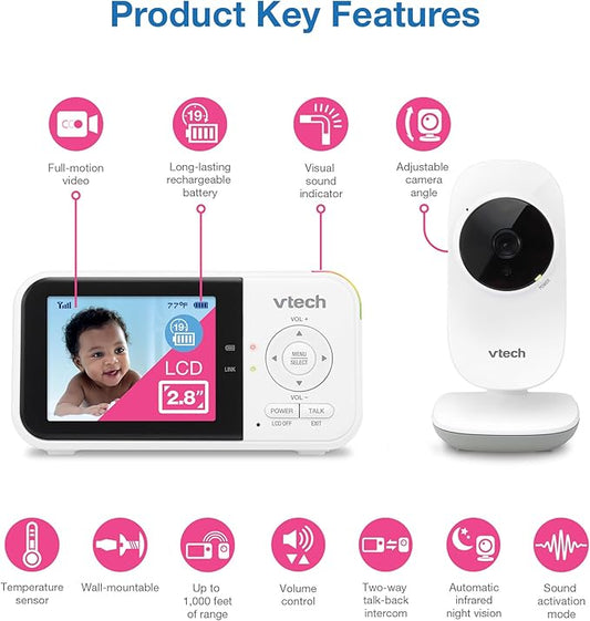 VTech VM819 Non-WiFi Video Baby Monitor with Camera - 2.8" Screen, 1000ft Range, 19Hr Battery Life, Night Vision, Temperature Sensor, Lullabies, 2-Way Talk - Secure Private FHSS Transmission