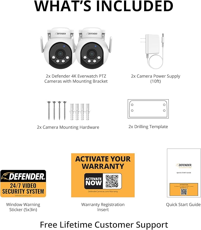 Defender AI Powered 4K Everwatch PTZ Plug in Outdoor Camera, AI Human/Vehicle Detection, WiFi 6/Bluetooth Wireless Camera, Color Night Vision, Deterrence, Mobile App, 2 Pack, Empower App