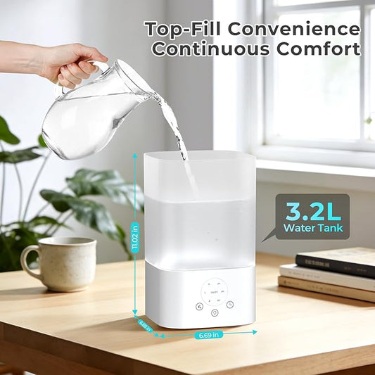 3.2L Cool Mist Humidifiers for Bedroom,Humidifiers for Baby Nursery&Plants,3 in 1,Top Fill,360°Nozzle,Timer,24DB Quiet,BPA Free,Tap to Operate,White