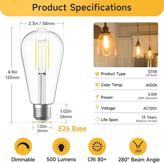 SHINESTAR 8-Pack Dimmable Vintage LED Edison Bulbs, 5.5W, 60W Equivalent, Warm White 2700K, ST58 Antique LED Decorative Filament Bulbs, E26 Medium Base, 80+ CRI, Clear Glass Style for Home