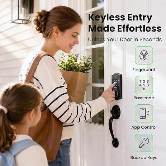 GHome Smart Fingerprint Door Lock for Front Door, 1.0s Unlock AI Self-Learning Keyless Entry Deadbolt with App Control, Keypad, Auto Lock, Digital Code Smart Lock for Home, Airbnb, Apartment, Garage