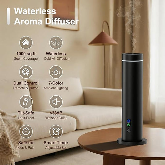 Maromalife Waterless Diffuser, Essential Oil Diffuser, 1000 Sq.Ft Coverage Scent Diffuser β Plug-in Only, Adjustable Mist, Remote, Mood Lights for Home & Office, Large Room, Hotel, Black