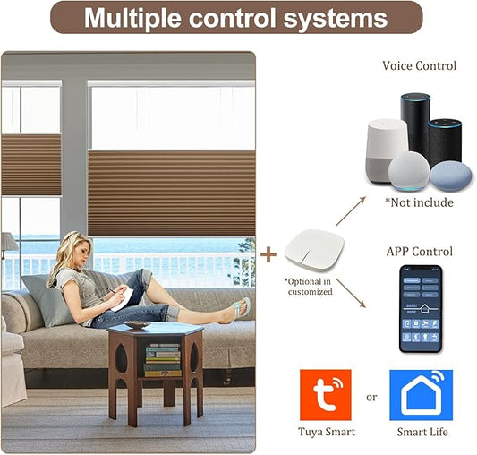 Godark Motorized TDBU Cellular Shades with Remote Control Smart Honeycomb Blinds Compatible with Alexa Google Home Smarthings Custom Double Cellular Blackout for Indoor Windows Doors-Brown