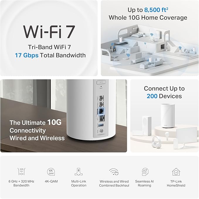 TP-Link Deco 7 Pro BE17000 Tri-Band Wi-Fi 7 Whole Home Mesh System | 9-Stream, 10G RJ45/SFP+ Combo | Multi-Gig Wired Backhaul | Up to 3,300 Sq.ft | HomeShield, MLO, 320 MHz | BE77 1-Pack Router