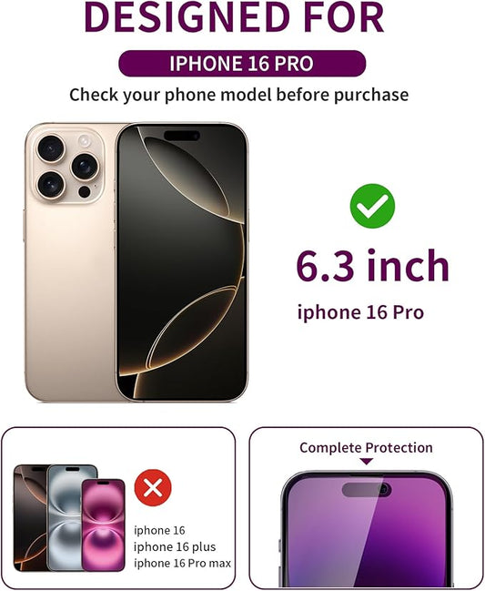 3 Pack Privacy Screen Protector for iPhone 16 Pro Tempered Glass 6.3inch Private Saver Anti-Spy Eye Protection Anti-Scratch Full Coverage