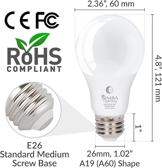 Simba Lighting LED Outdoor Light Bulbs with Photocell Sensor Dusk to Dawn Smart Auto On and Off (2 Pack) A19 9W 60W Replacement for Porch, Night Light, Garage Door, E26 Medium Base, 5000K Daylight