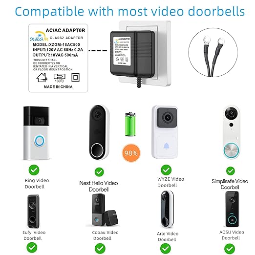 Doorbell Power Adapter 18V500MA Video doorbell Transformer for Ring, Nest, Arlo, Eufy, Wyze Wireless Video doorbell (315 in Cable)