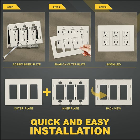 Faith Electric 3-Gang Decorator Screwless Wall Plate Child Safe Outlet Covers, 4.68"H x 6.6" L, Fits GFCI, USB Receptacles, Dimmers, and Lighting Controls, ETL Listed, Almond