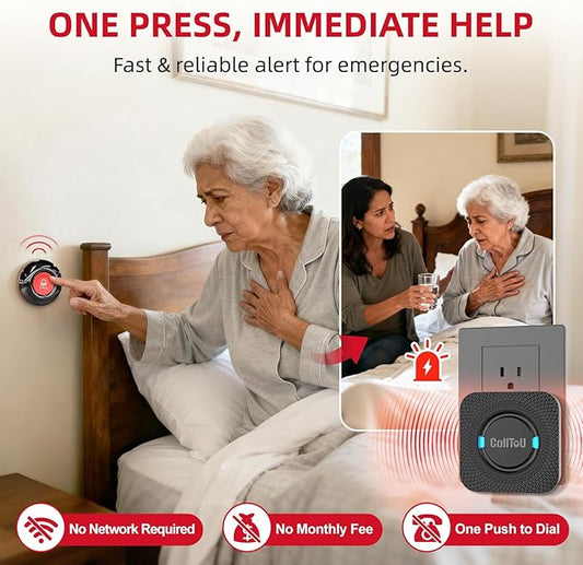 CallToU Caregiver Pager Wireless Call Bell Alert Button for Seniors/Elderly/Patients 3 Plugin Receiver 2 Waterproof Transmitter