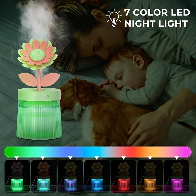 Cute Flower Mini Humidifier, Small Cool Mist Desk Humidifiers, Portable USB Personal Desktop Plant Humidifiers, Cooling for Home Office Car Travel Indoor Outdoor (260ml, Green Sunflower)