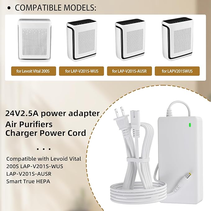 24V AC/DC Adapter Charger Compatible with Levoit Vital 200S LAP-V201S-WUS LAP-V201S-AUSR Smart True HEPA Levoit Air Purifier LAPV201SWUS LAPV201SAUSR Power Supply Cord(White)