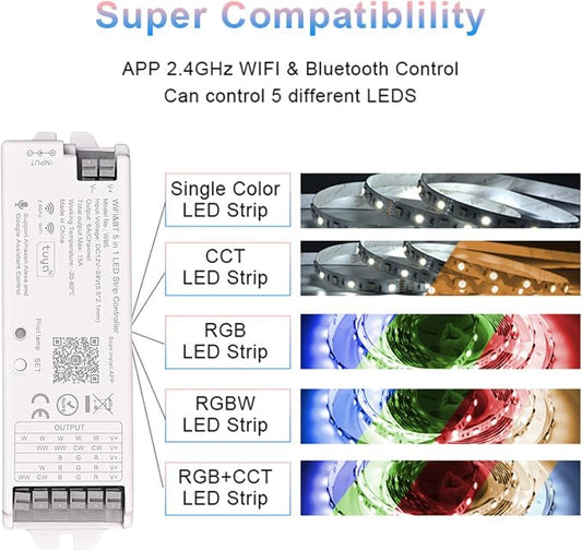 5 in1 WB5 2.4GHz WiFi PWM LED Controller Alexa/Google Home/Tuya APP Control