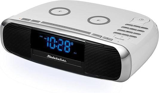 Studebaker Workstaton HiFi Music System with Bluetooth, FM Radio, CD, and Qi Wireless Charging Station (White)