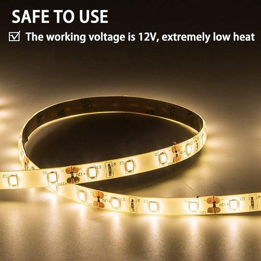 Warm White LED Strip Lights, Waterproof cuttable 300 SMD 2835 LED Tape, 6000K 16.4ft/5m 12V Flexible Ribbon, Kitchen Cabinet Lighting, Hotel, Club, Bar(No Power Supply