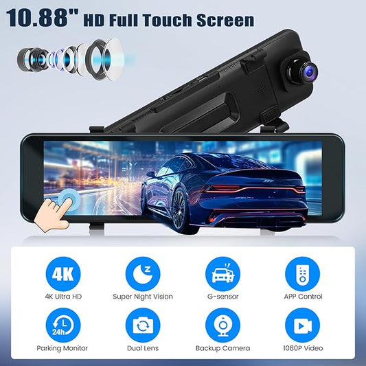 4K Mirror Dash Cam 10.88 Inch Rear View Mirror Front and Rear View Dual Cameras,GPS Tracking,Loop Recording,G-Sensor,Parking Assistance,APP Control,Parking Monitor,Waterproof Backup Camera
