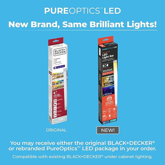 PureOptics LED Professional Push Wire Under Cabinet Light Bar, Add-on, Plug-in or Hardwire Compatible, Adjustable White and RGB LED, for Kitchen, Pantry, Cabinets, (1) 12" Bar