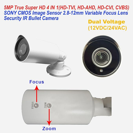 1stPV 5MP Super HD Analog Security IR Bullet Camera, 2.8-12mm Manual Varifocal Lens, 100ft Smart IR Night Vision, IP66 Weatherproof, 4-in-1 TVI/AHD/CVI/CVBS, WDR, OSD Menu, Dual Voltage 12VDC/24VAC