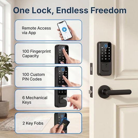 WiFi Smart Door Lock - Keyless Entry Door Lock for Front Door, Fingerprint Door Lock with App Control, 5-in-1 Touchscreen Deadbolt with 6 Keys & 2 NFC Cards, Built-in 2.4G WiFi