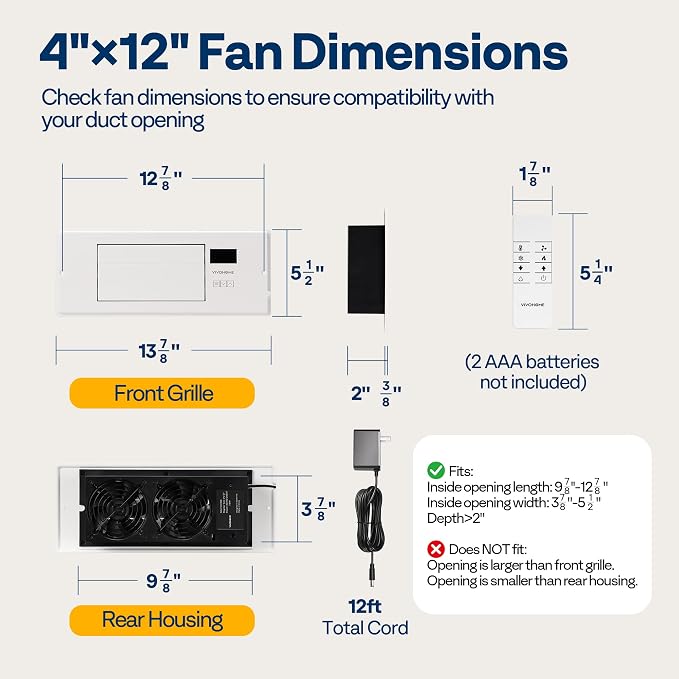 VIVOHOME Register Booster Fan - 4'' x 12'' Opening with Adjustable Louver | Smart Thermostat & 10-Speed WIFI App Control - AC Vent Fan for Floor, Ceiling, Wall - Quiet Operation (White)