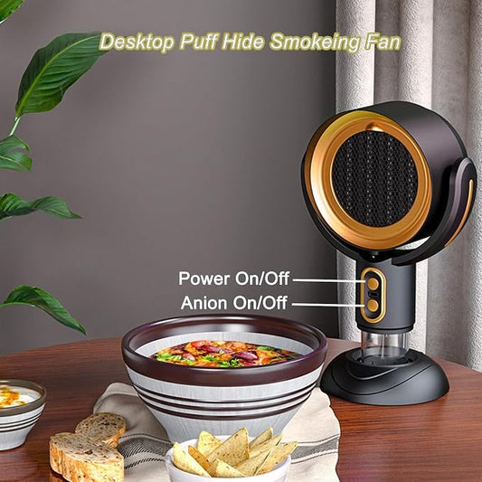 QWEZXO PuffHide Purifer & Smoke Away Purifier-Fan Filter Portable Adjustable Angle Puff-Hide PurifierFan,Tabletop SmokePurifier Filters for RemovesOdor(Black Gold)