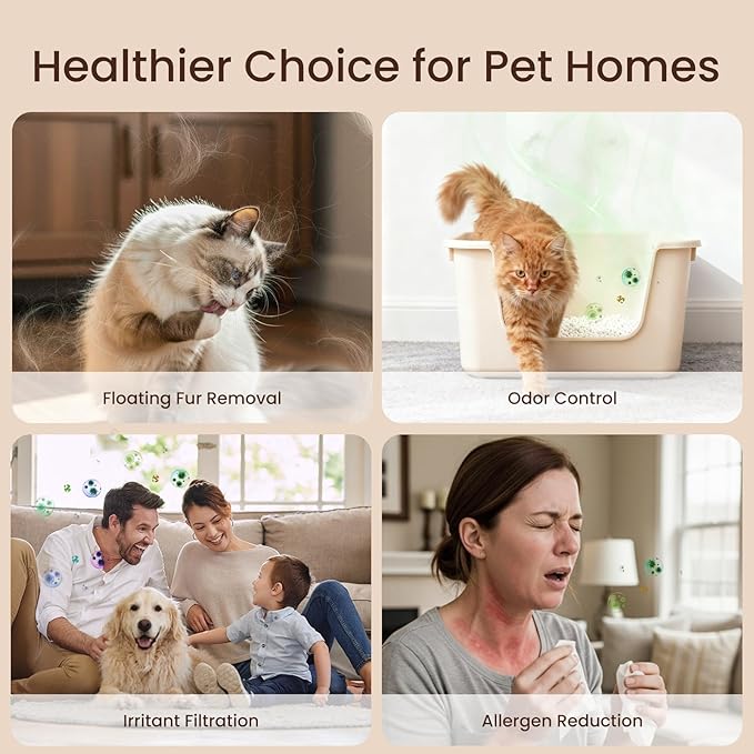 Provirtec Air Purifier for Home Pets, End Odor, Pet Floating Fur/Dander Worries, 4-Side Wide Intake, H13 True HEPA, Auto/Pet Mode & Washable Pre-Filter,Ultra Quiet for Bedroom/Large Room