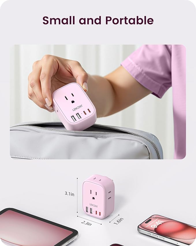 LENCENT Multi Plug Outlet Extender with USB C, Electrical Outlet Expander | with 4 AC & 4 USB Charger Cube, Small Multiple Wall Tap Plug Splitter for Home Office Travel Dorm Essentials - Pink